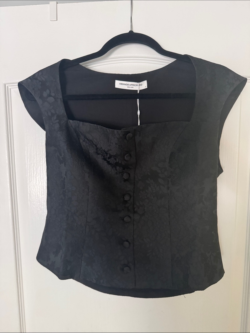 Amanda Uprichard Black Jacquard Cap-Sleeve Button Front Top NWT